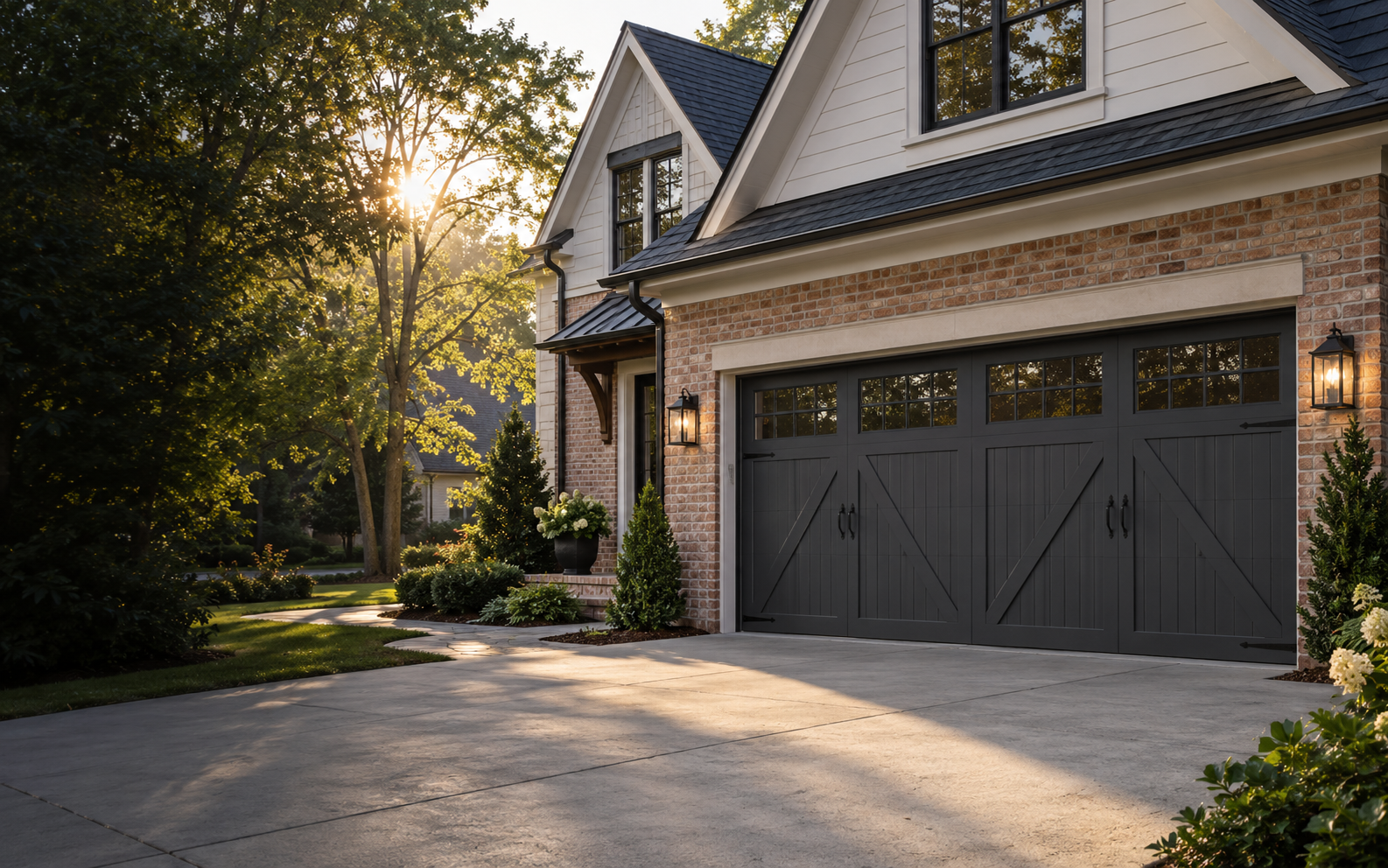 Modern Raleigh home with a charcoal carriage-style garage door